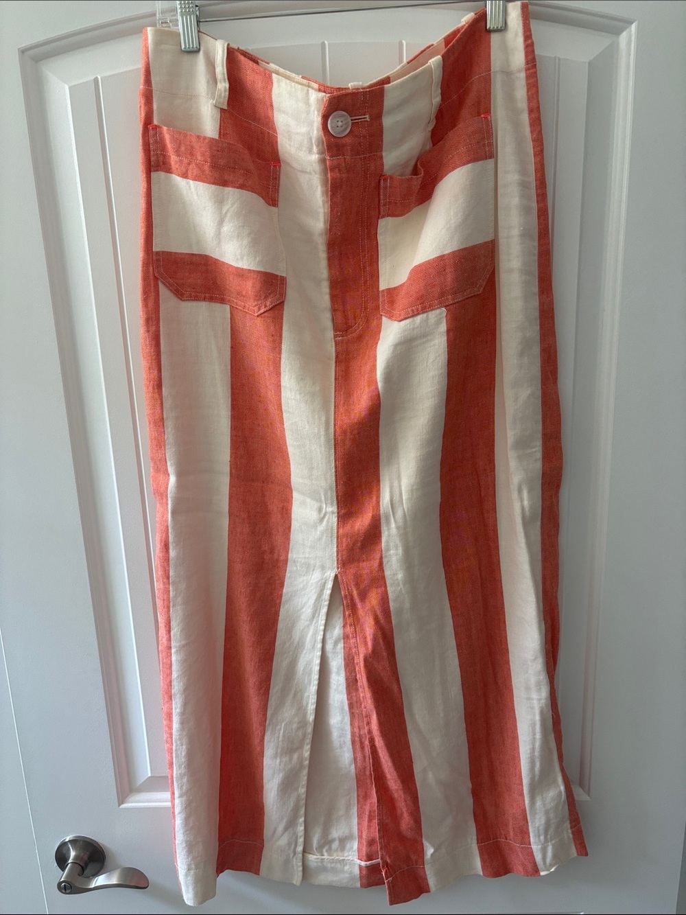 Women's Striped Linen-Blend Midi Skirt in Coral and Cream